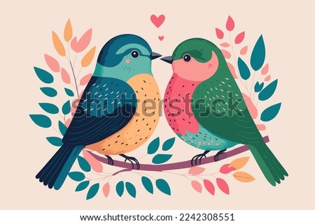 illustration of couple Love Birds perched on a branch of a Tree valentine day theme vector flat color style background 商業照片 © 