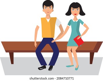 illustration of a couple in love with a book sitting on a bench on a white background