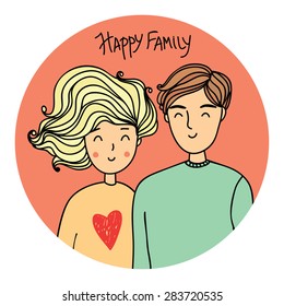 illustration of a couple in love in a cartoon style. Happy family portrait