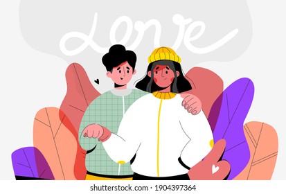 Illustration of couple in love. Cute characters in trendy style boyfriend and girlfriend are hugging. Flat illustration