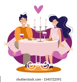 Illustration of a couple in love eating at a table with candles on a white background. Vector illustration of bride or groom or first date. Thanksgiving or other autumn holiday. 