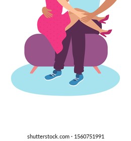 Illustration of a couple in love girlfriend in a pink dress and a boyfriend cuddling on a ottoman over his shoulders.the girl put her legs on the boy knees.to valentine's day.for design cards.vector