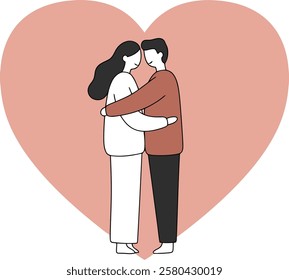 Illustration of a couple in love hugging in front of a giant heart shape, standing, isolated on white background