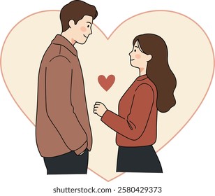 Illustration of a couple in love standing in front of a giant heart shape, isolated on white background	