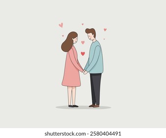 Illustration of a couple in love standing holding hands, small hearts flying around them, grey background	