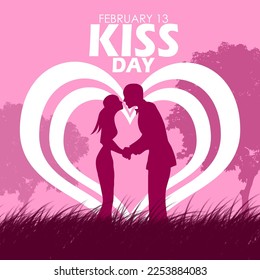 Illustration of a couple of lovers holding hands on the grass with trees and hearts with bold text on pink background to celebrate Kiss Day on February 13