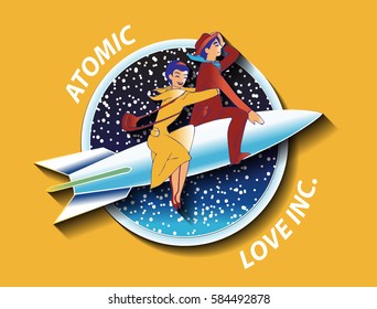 Illustration with couple of lovers on the rocket. Text: "Atomic love inc." Isolated illustration can be used in printing: card, t-shirt, phone case, mug, bag and so on.