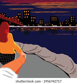 ilustración de una pareja saliendo bajo un puente durante una hermosa noche