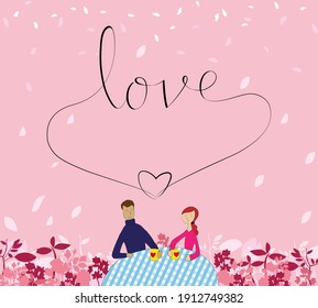 illustration of couple, man and woman sit together at the table, hold yellow cups with love text on pink background with leaves