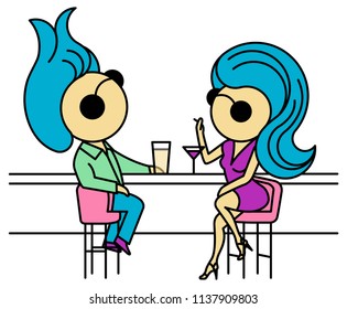 Illustration of a couple – man and woman sitting on bar and drinking in isolated vector format