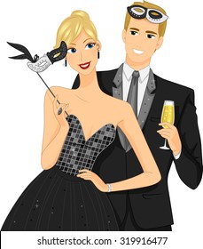 Illustration Of A Couple At A Masquerade Ball Removing Their Masks