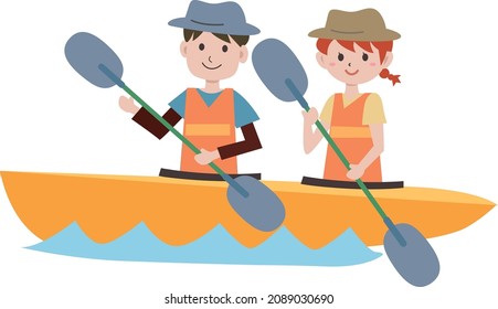 Illustration of a couple of men and women playing in a canoe
