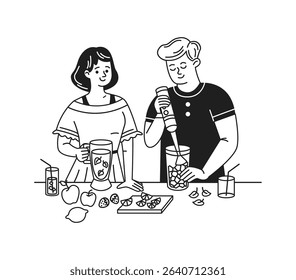 Illustration of a couple in minimalist style preparing smoothies. They are surrounded by fresh fruit, blending with a cheerful vibe in black and white.
