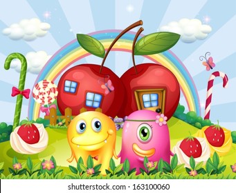 Illustration of the couple monsters at the hilltop with a rainbow and apple houses