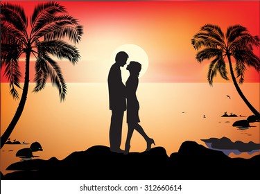 illustration with couple near palm trees at red sunset