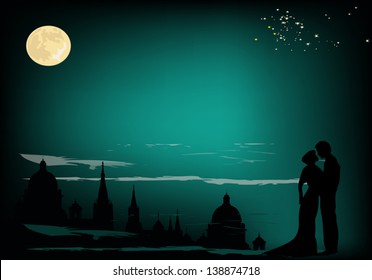 illustration with couple in night city