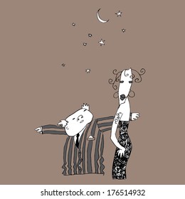 Illustration of couple old man and young woman under night sky. Abstract funny greeting card