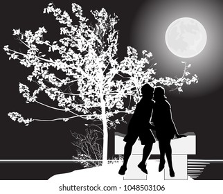 illustration with couple on bench under moon