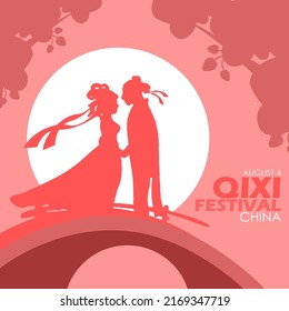 Illustration Of A Couple On A Bridge With A Beautiful Full Moon And Bold Text On A Pink Background To Commemorate The Qixi Festival Known As The Chinese 