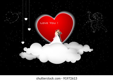 illustration of couple on cloud with cupid in sky