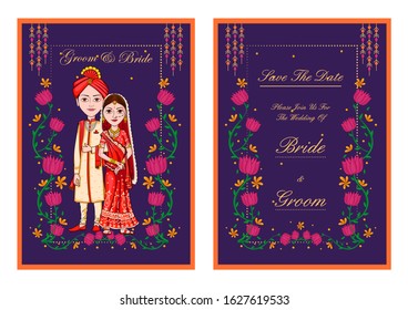 illustration of couple on Indian Wedding invitation template background