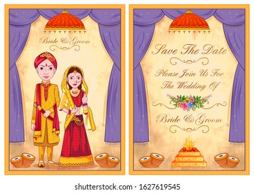 illustration of couple on Indian Wedding invitation template background