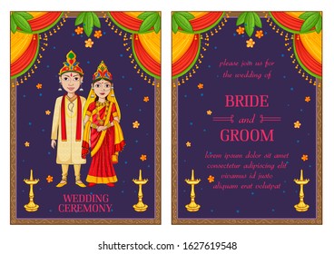 illustration of couple on Indian Wedding invitation template background