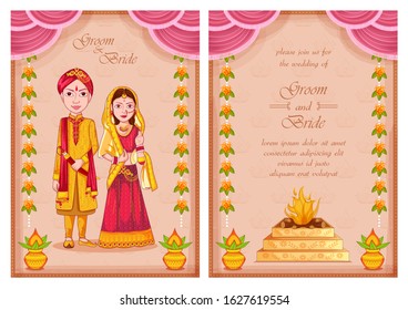 illustration of couple on Indian Wedding invitation template background