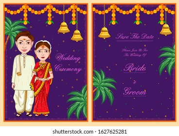 illustration of couple on Indian Wedding invitation template background