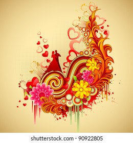 illustration of couple on retro floral wedding card