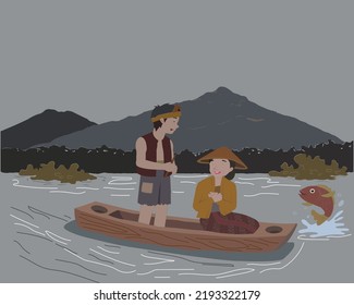 illustration of a couple on a traditional boat on a lake with a mountainous background and has become a legendary story in Java, Indonesia, good as a background, calendar, cover, concept of t-shirts