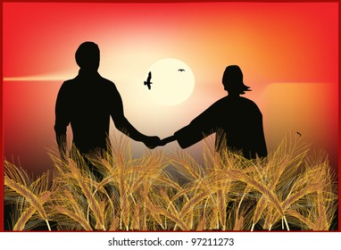 illustration with couple on wheat field at sunset