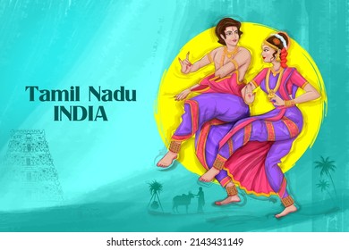 illustration of couple performing Bharatanatyam dance traditional folk dance of Tamil Nadu, India