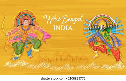 illustration of couple performing Chhau dance traditional folk dance of West Bengal, India