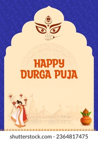 illustration of couple performing Dhunchi dance in Happy Durga Puja Subh Navratri Indian religious header banner background