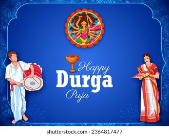 illustration of couple performing Dhunchi dance in Happy Durga Puja Subh Navratri Indian religious header banner background