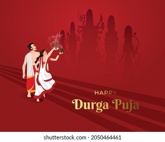 illustration of Couple performing Dhunuchi dance in Durga puja Bengal