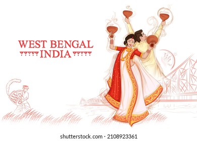 illustration of couple performing Dhunuchi dance traditional folk dance of West Bengal, India