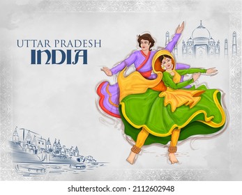 illustration of couple performing Kathak dance traditional folk dance of Uttar Pradesh, India