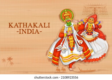 illustration of couple performing Kathakali dance traditional folk dance of Kerala, India