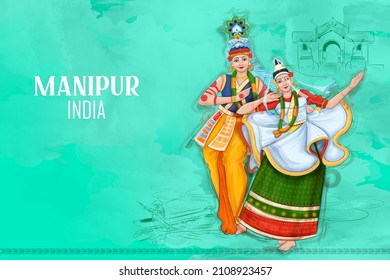 illustration of couple performing Manipuri dance traditional folk dance of Manipur, India