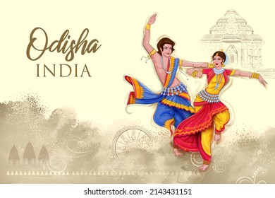 illustration of couple performing Odissi dance traditional folk dance of Odisha, India