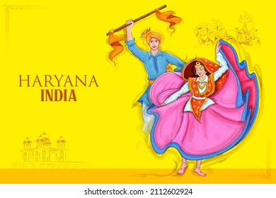 ilustración de una pareja que baila el baile de la Phag, danza folclórica tradicional de Haryana, India