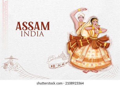 ilustración de una pareja que baila sattriya danza folclórica tradicional de Assam, India