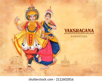 illustration of couple performing Yakshagana dance traditional folk dance of Karnataka, India