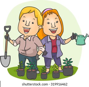Illustration of a Couple Planting Seedlings in Their Garden Together