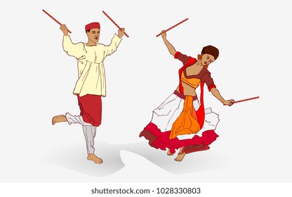 illustration of couple playing Dandiya in disco Garba Night poster for Navratri Dussehra festival of India