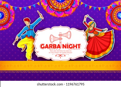 illustration of couple playing Dandiya in disco Garba Night poster for Navratri Dussehra festival of India