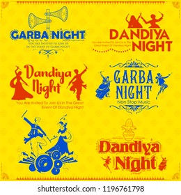 illustration of couple playing Dandiya in disco Garba Night poster for Navratri Dussehra festival of India