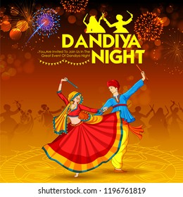 illustration of couple playing Dandiya in disco Garba Night poster for Navratri Dussehra festival of India